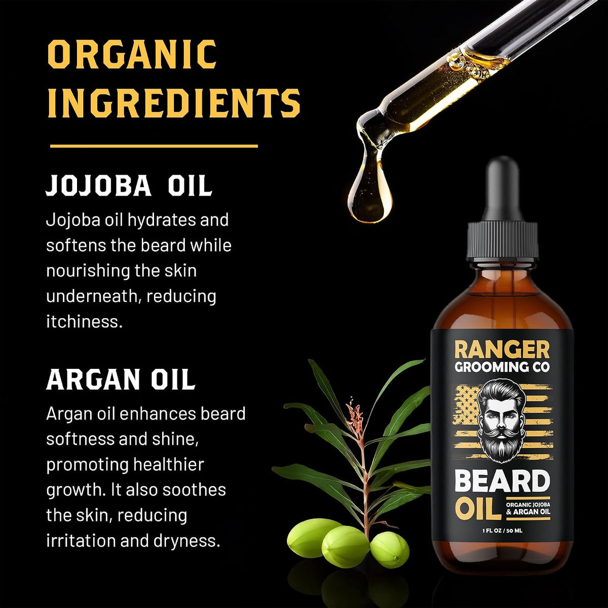 Ranger Grooming Unscented Beard Oil for Men - Organic Jojoba & Argan Oil - Fragrance Free - Made in USA - 1 FL OZ / 30 ML
